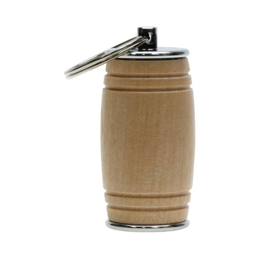 A wooden barrel-shaped USB drive with a silver keychain attachment. The item features a light brown finish.