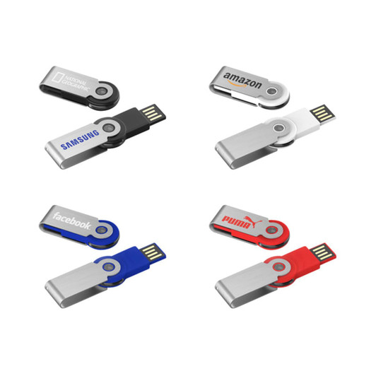 A collection of various flash drives in silver, black, blue, and red, featuring different logos.