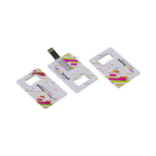 A drink bottle-shaped flash drive in vibrant colours with a branding logo and a retractable USB connector.