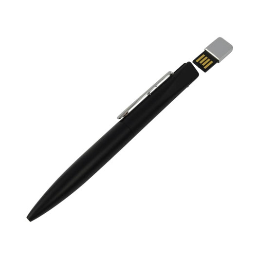 A black metal pen with a silver USB connector at the top and a clip on the side. It features a logo.