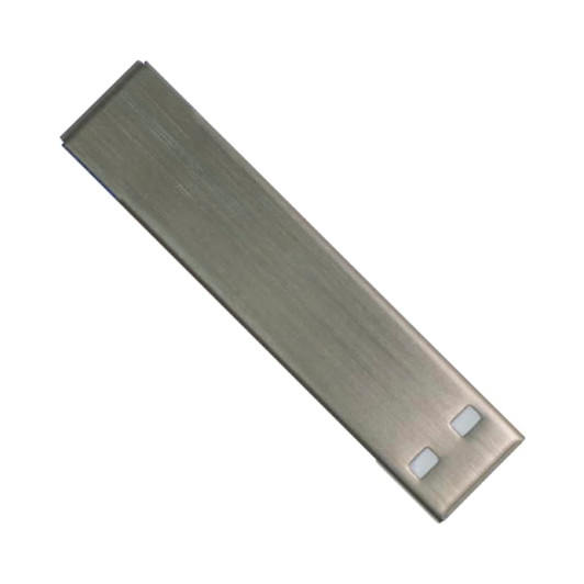 A sleek metallic flash drive with a brushed finish, featuring two small lights and a minimalist design.