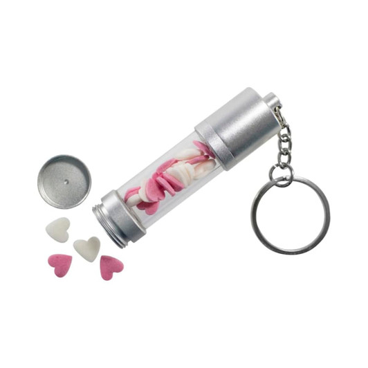 A silver LED USB flash drive with a transparent casing, containing pink and white heart-shaped candies and a keychain attachment.