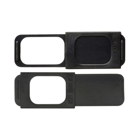 A black webcam cover slide with a sliding mechanism, featuring two pieces for easy camera privacy.