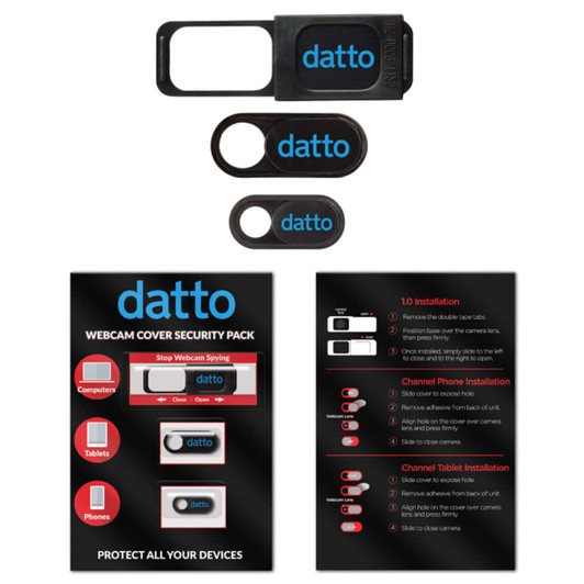 A black webcam cover security pack featuring three covers for computers and phones, with instructional cards.