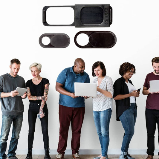 A set of three black webcam covers displayed above a group of people using various devices, including laptops and smartphones.