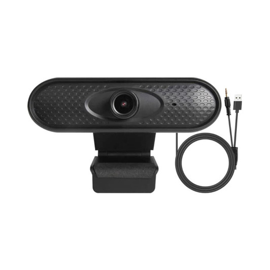 A black webcam camera with a textured design and attached USB and audio cables, mounted on a small stand.