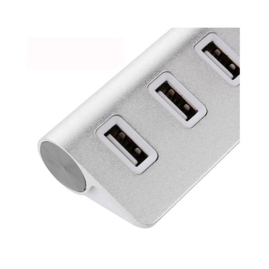 A USB hub in silver with three USB ports and a rounded end, featuring a sleek, minimalist design.