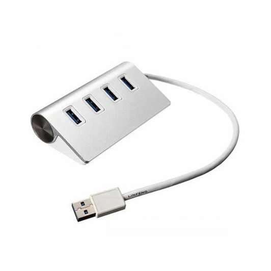 A silver USB hub with four ports and a connecting cable, featuring a sleek, angled design.
