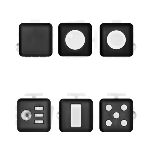 A Fidget Cube in black featuring various tactile buttons and switches for versatile sensory engagement.