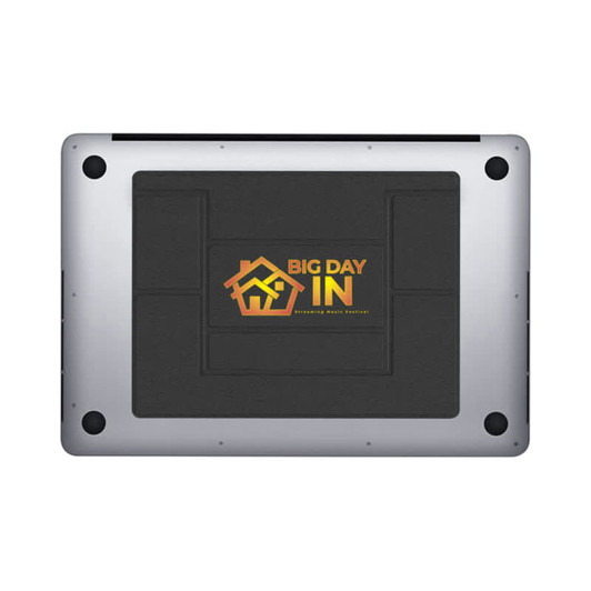 A sleek silver laptop stand with a black base and a logo in the centre.