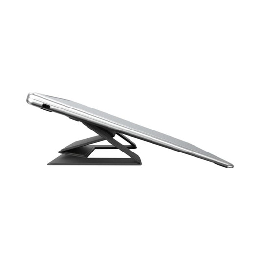 A slim, silver laptop stand with a black base, designed for ergonomic viewing angles. Features a minimalist design and branding.