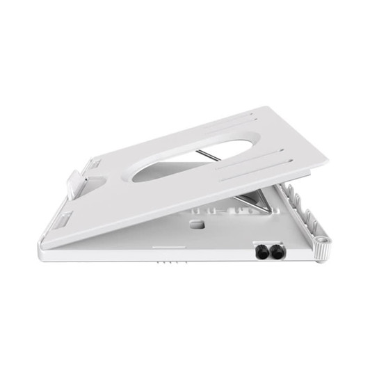 A white foldable laptop stand with an adjustable angle and ventilation holes, featuring a branding logo.