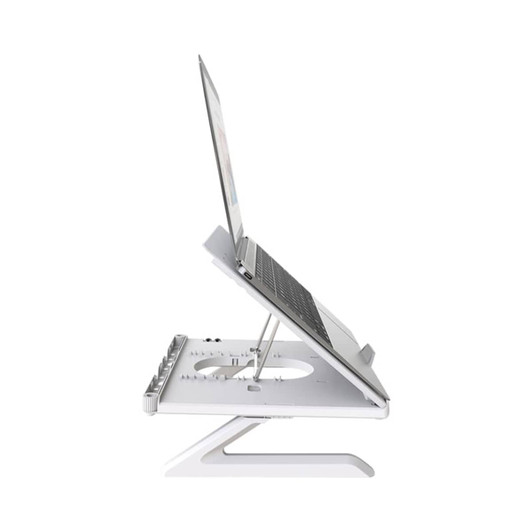 A foldable laptop stand in white, designed to elevate a laptop at an adjustable angle.