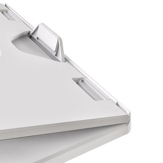 A foldable laptop stand in white with a modern design, featuring an adjustable angle and a logo.