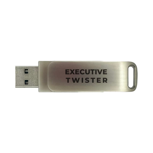 A silver flash drive with a twist design and a branding logo. It features a USB 3.0 connection for technology use.