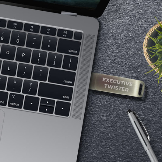 A silver USB flash drive on a grey surface, next to a laptop and a pen, with a plant in the background.