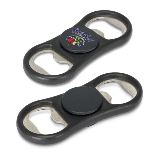 A drink bottle opener in black with a spinner feature and metal bottle opener ends, featuring a logo.