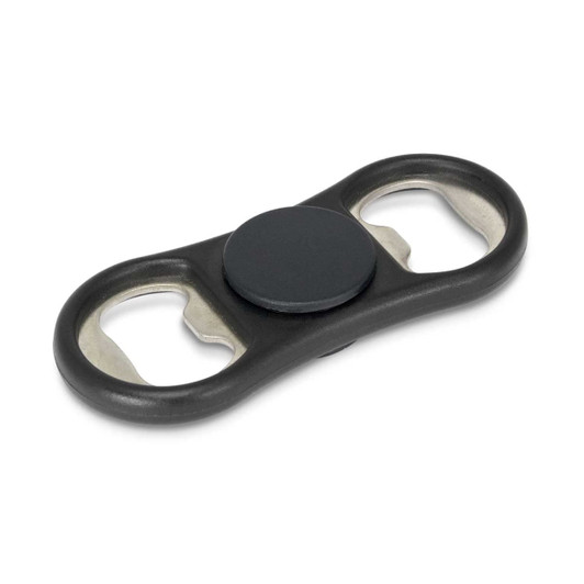 A drink bottle opener in black, featuring two bottle cap remover ends and a central spinner section.