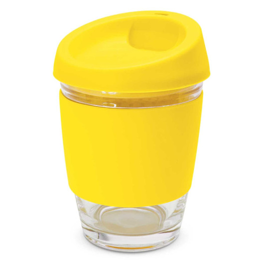A drink bottle with a transparent base and a bright yellow silicone sleeve and lid. It features a logo.