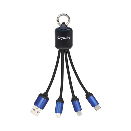 A charging cable with a black and blue design, featuring a keyring attachment and multiple connector options.
