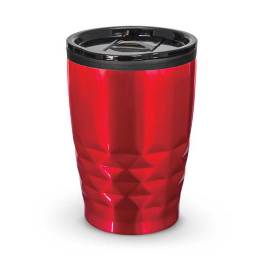 A red drink bottle with a textured design and a black lid, featuring a logo.