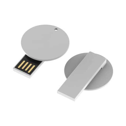 A grey Burton Clip Flash Drive with a circular design and retractable USB connector, featuring a branding logo.
