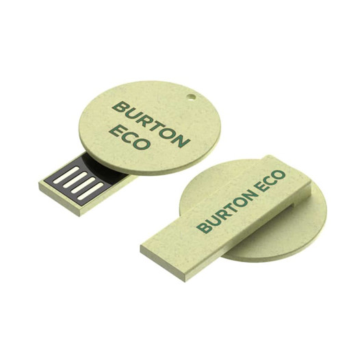 A light green circular flash drive with a sliding mechanism, featuring brand logos on both sides.