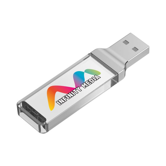 A clear flash drive featuring a colourful logo, with a USB connector at one end.