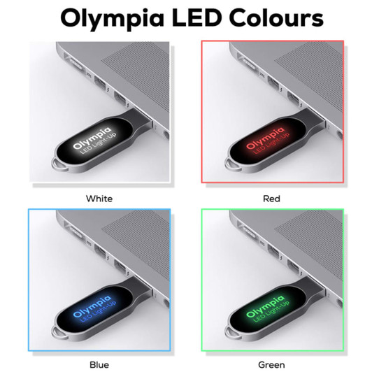 A collection of four Olympia LED Flash Drives in white, red, blue, and green, each plugged into a laptop.