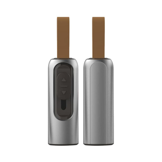 A silver flash drive with a brown strap, featuring a control panel on one side and branding.