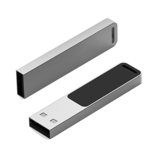 A sleek silver LED flash drive with a smooth design, featuring a black panel and a logo on one side.