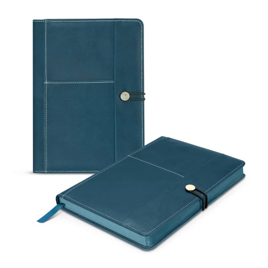 A teal notebook with a textured cover, featuring a strap closure and multiple pockets on the front.