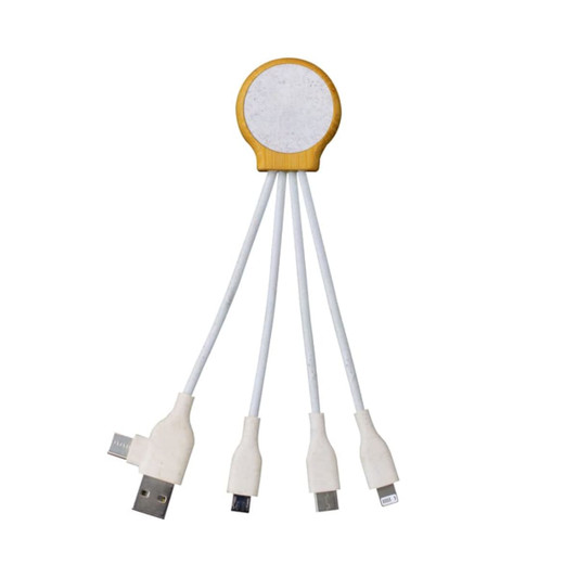 A charging cable with a circular wooden connector, featuring four white cables with different connectors.