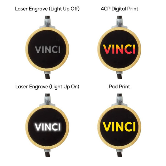 A round LED data charge cable in various printing styles: laser engrave, digital print, and pad print with a wooden finish.