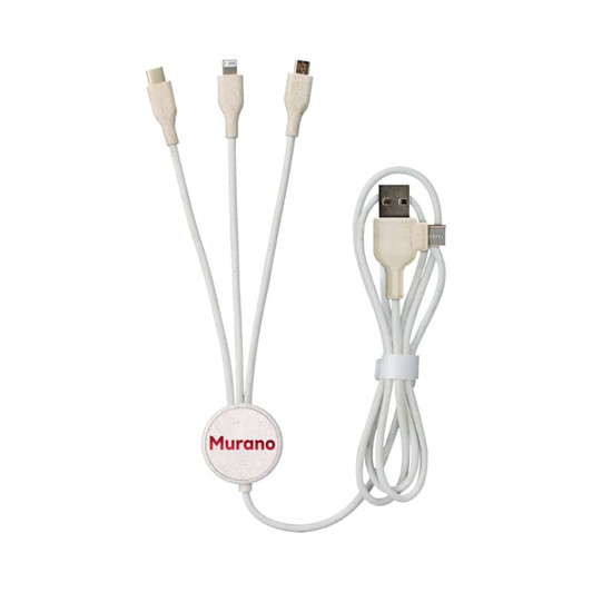 A white Murano charge cable featuring multiple connectors: USB, Lightning, and micro USB, with a circular branding tag.