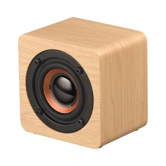 A wooden speaker with a square design and a circular speaker grille in the front, primarily light brown in colour.