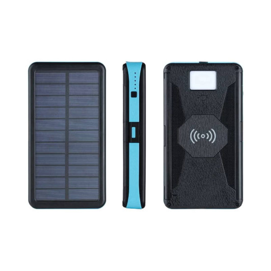 A solar-powered wireless power bank in black and teal, featuring solar panels on one side and a textured surface.