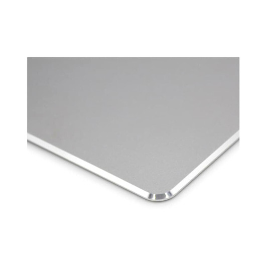 A silver alumina mouse pad with a sleek, rounded edge design. It has a minimalistic appearance and features a logo.