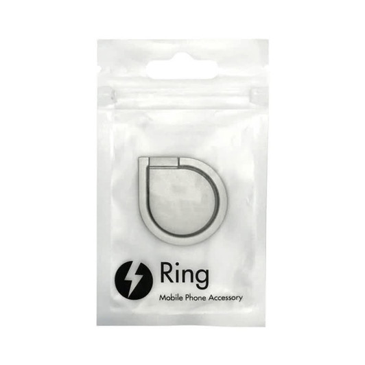 A packaged silver Ring Kickstand for phones, featuring a minimalist design and a logo.