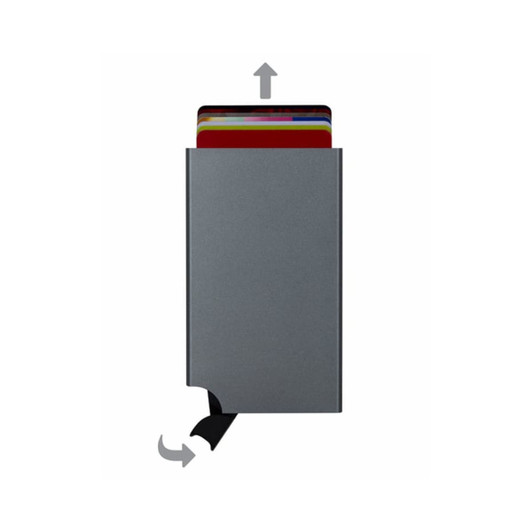 A grey RFID case with cards partially revealed at the top, featuring a pull tab and a logo.