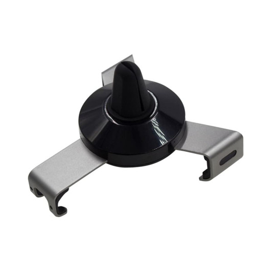 A car phone holder featuring a sleek black design with silver accents and a centre mount for secure phone placement.