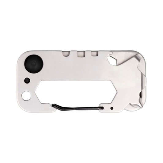 A silver multi-tool featuring various functions and a built-in keyring attachment. It has a simple, sleek design.