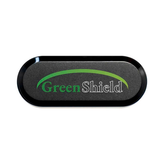 A black and green promotional product with a custom logo reading "GreenShield." It features a sleek oval design.