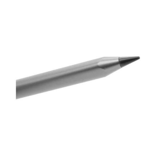 A metal pen with a sleek silver body and pointed black tip, featuring a branding logo.