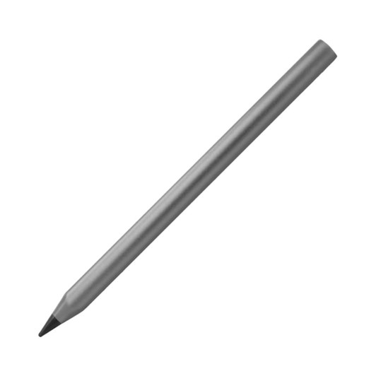 A metallic grey pen with a sleek, minimalist design and a pointed tip. It features a branding logo.