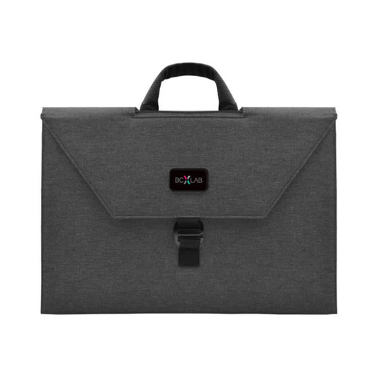 A grey laptop bag with a handle and a flap closure. It features a branding logo on the front.