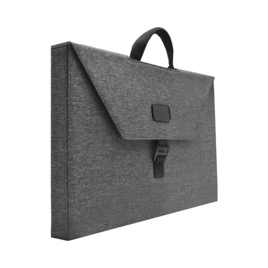 A grey laptop bag with a flap closure and a carrying handle, featuring a logo on the front.