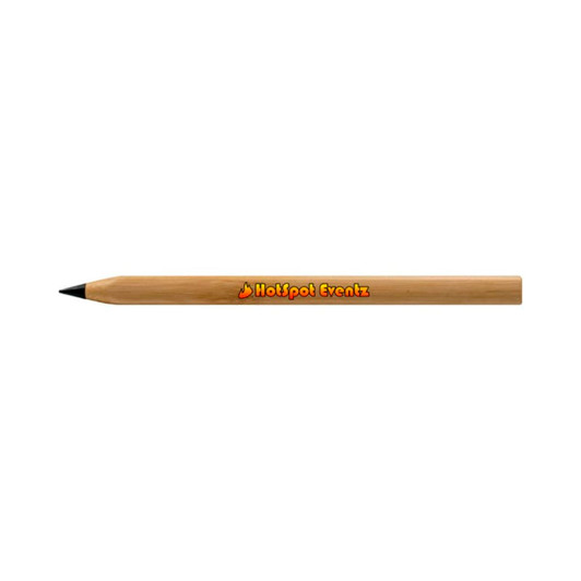A bamboo pen with a black nib, featuring a logo in orange and black on its side.