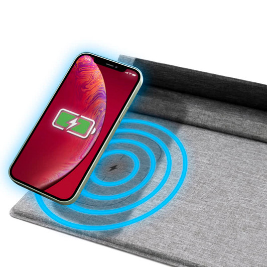 A grey mouse pad with wireless charging capability, featuring a phone displaying a charging icon above it.