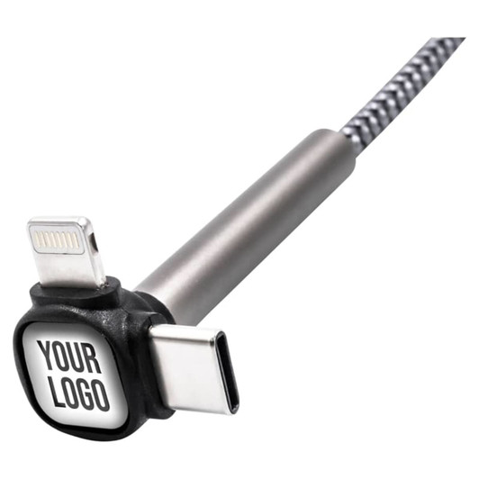 A grey charging cable with USB-C and Lightning connectors, featuring a branding area.